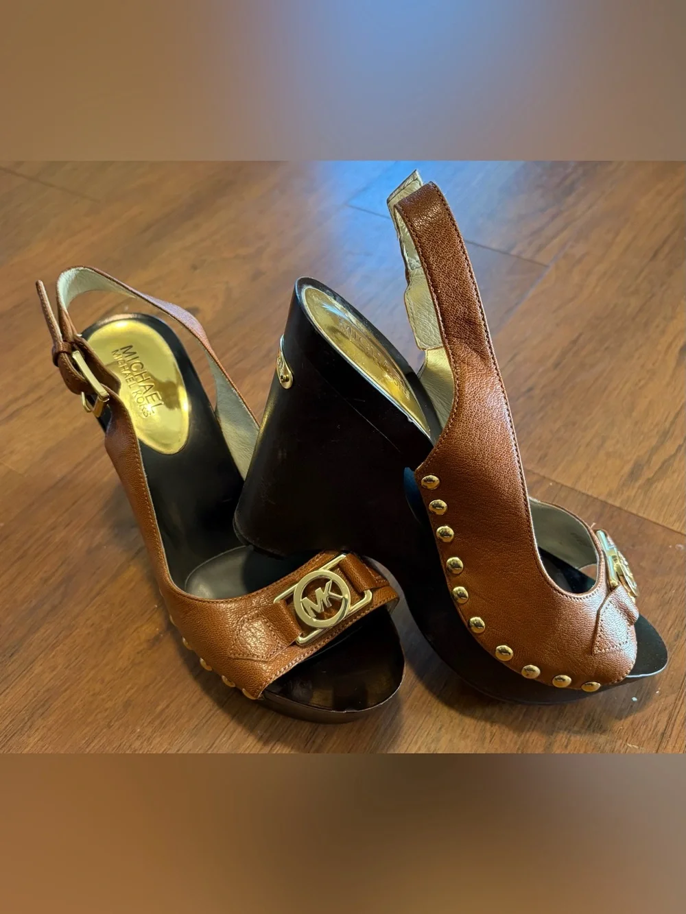 Michael Kors Charm Slingback Brown with Gold-Accent Wedge Sandals